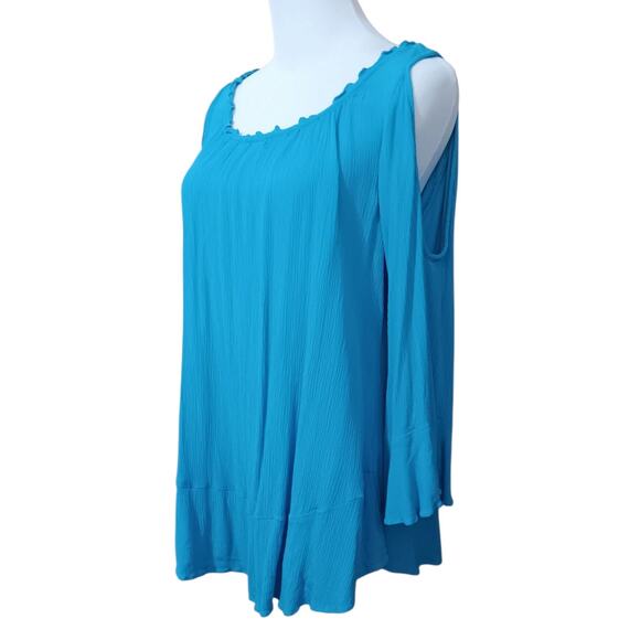 CHICO'S 1 Crinkle Gauze Top Blouse‎ M Turquoise Blue Cold Shoulder Flare Sleeve - Picture 2 of 10